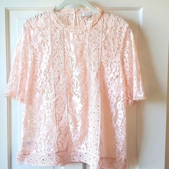 LOFT BLUSH PINK PEACH BLUSH LACE TOP, SIZE PETITE MEDIUM PM FEMININE ROMANTIC - Picture 1 of 15